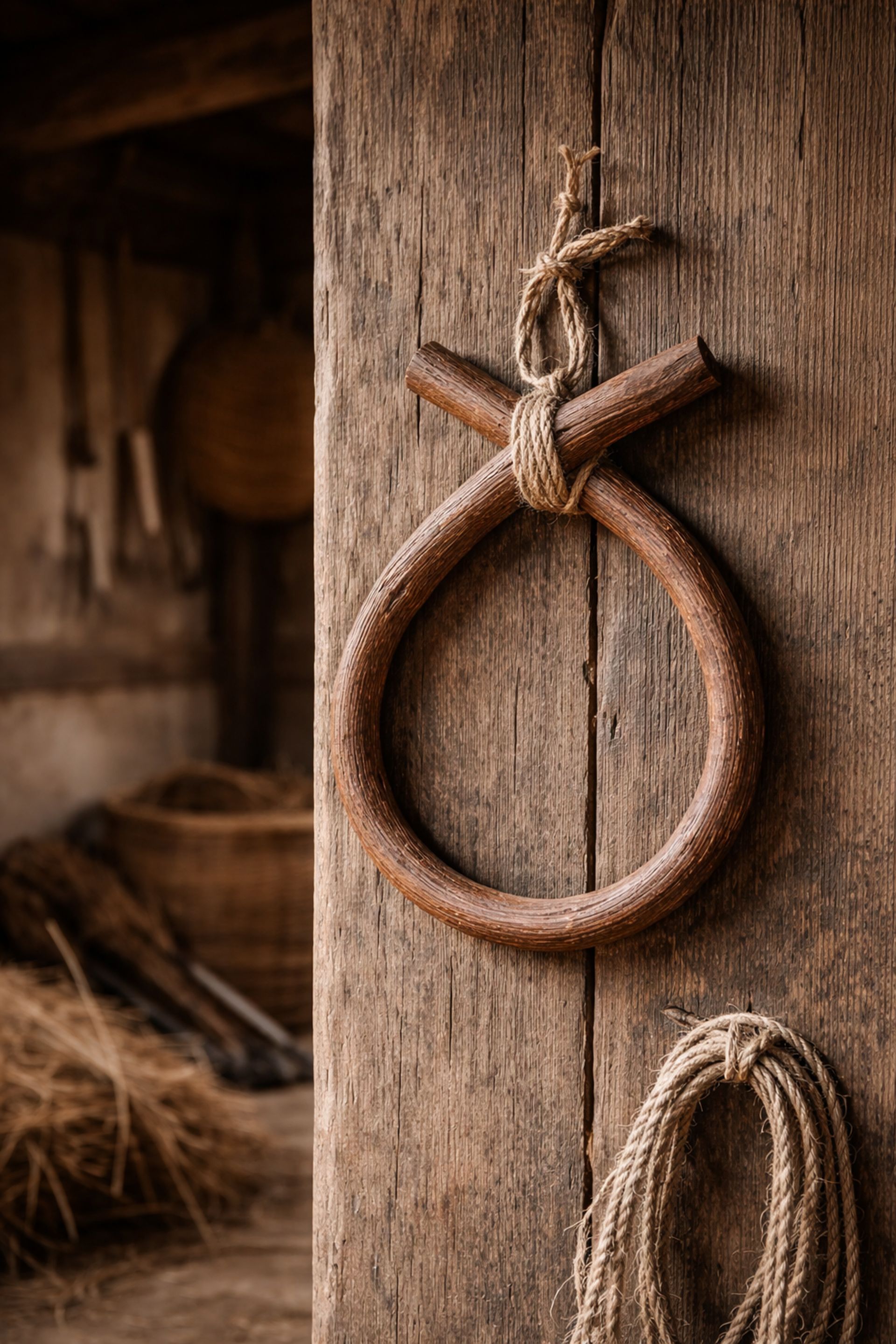 a Kkotture hung on the barn wall